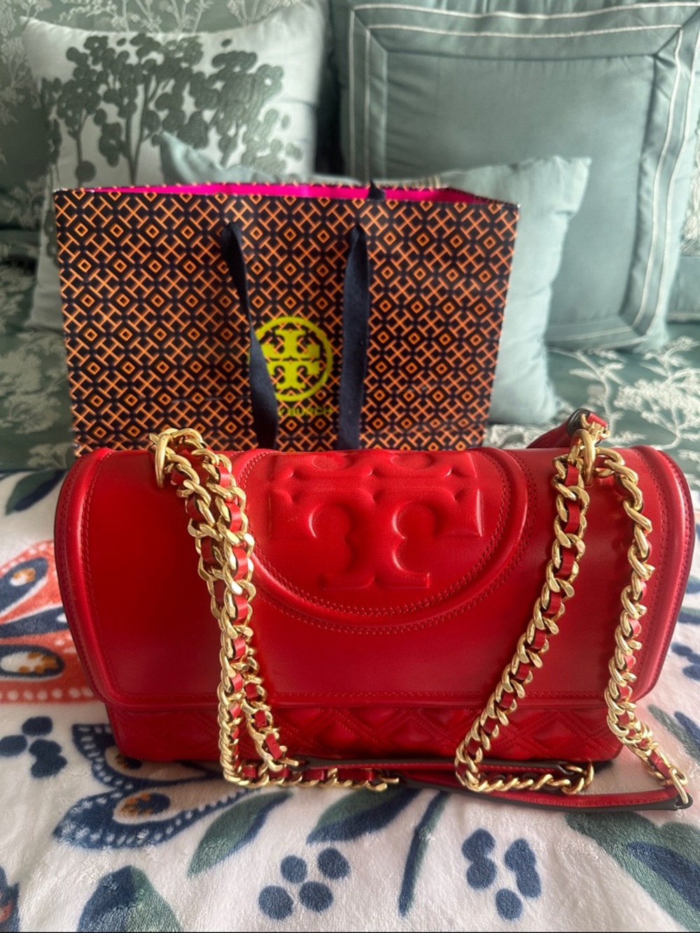 Tory Burch Red Quilted Leather Shoulder Bag with Gold Chain